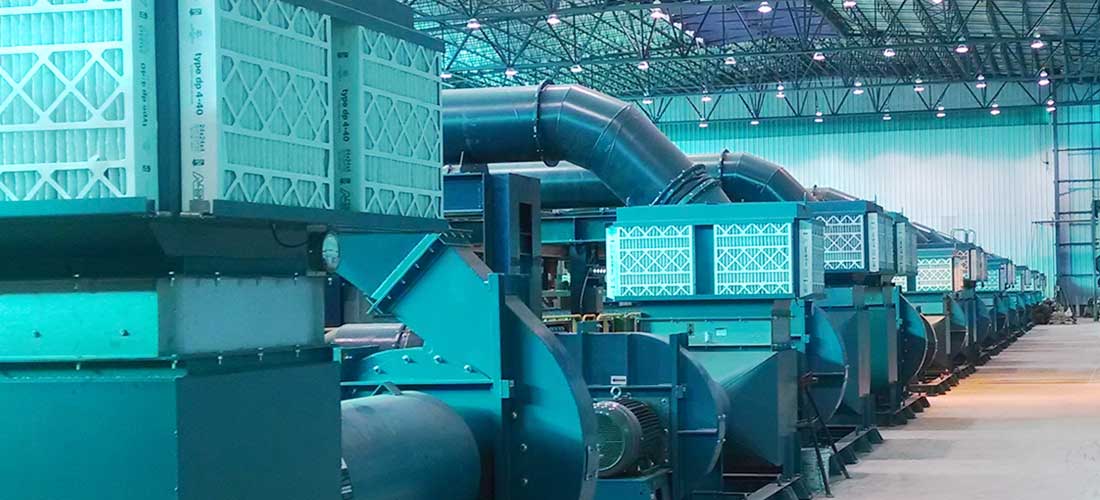 Row of industrial air handling units in a plant